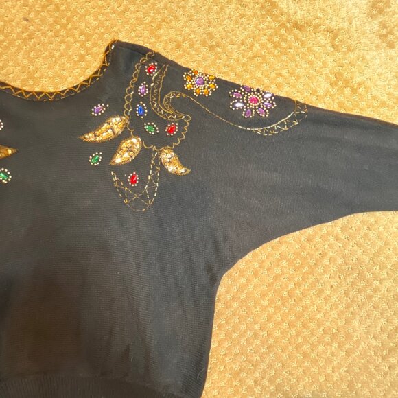VTG 80/90s Sequin Sweater SZ M Metallic Embroidered Granny Black Paisley Dolman - Picture 6 of 13
